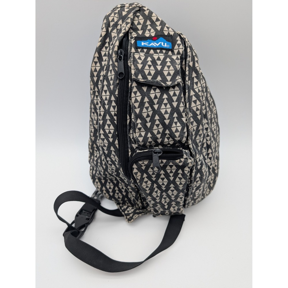 KAVU Rope Bag Geometric Triangle Print Canvas Sling Backpack Black Tan